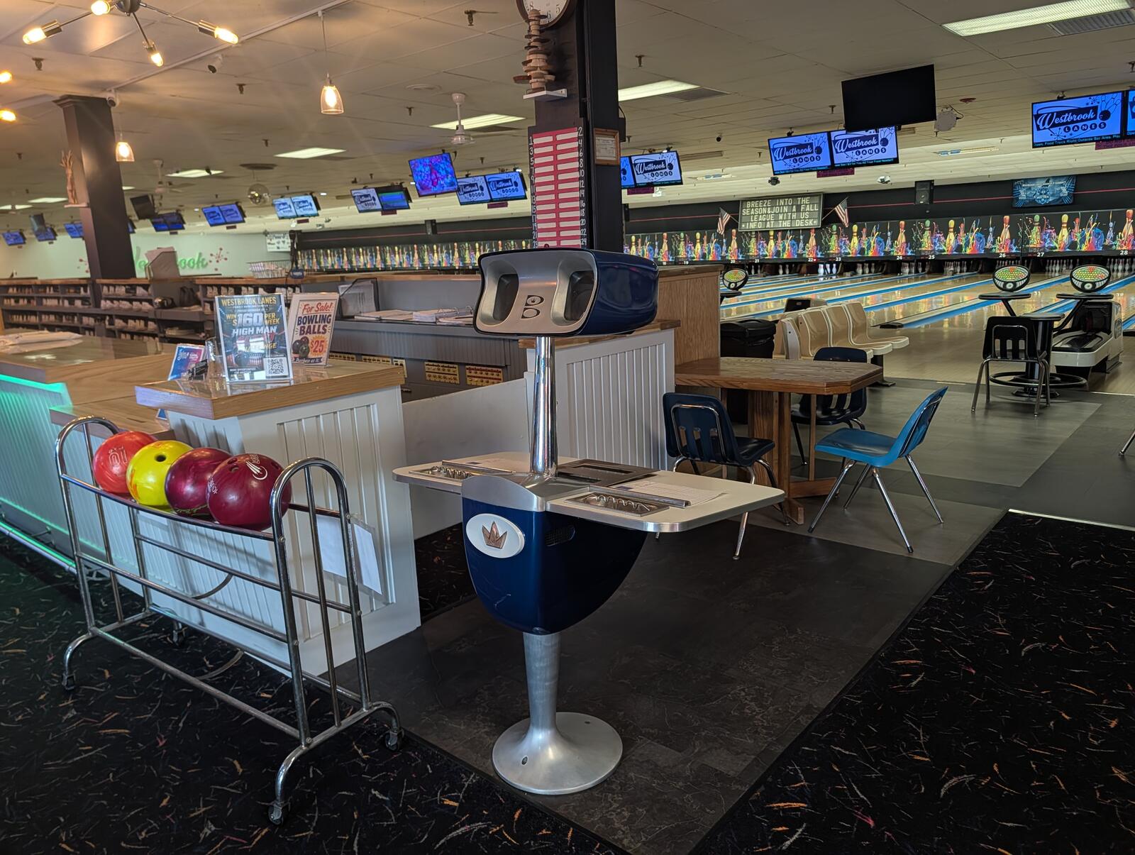 The lanes and ball rack at Westbrook Lanes in Brooklawn, NJ